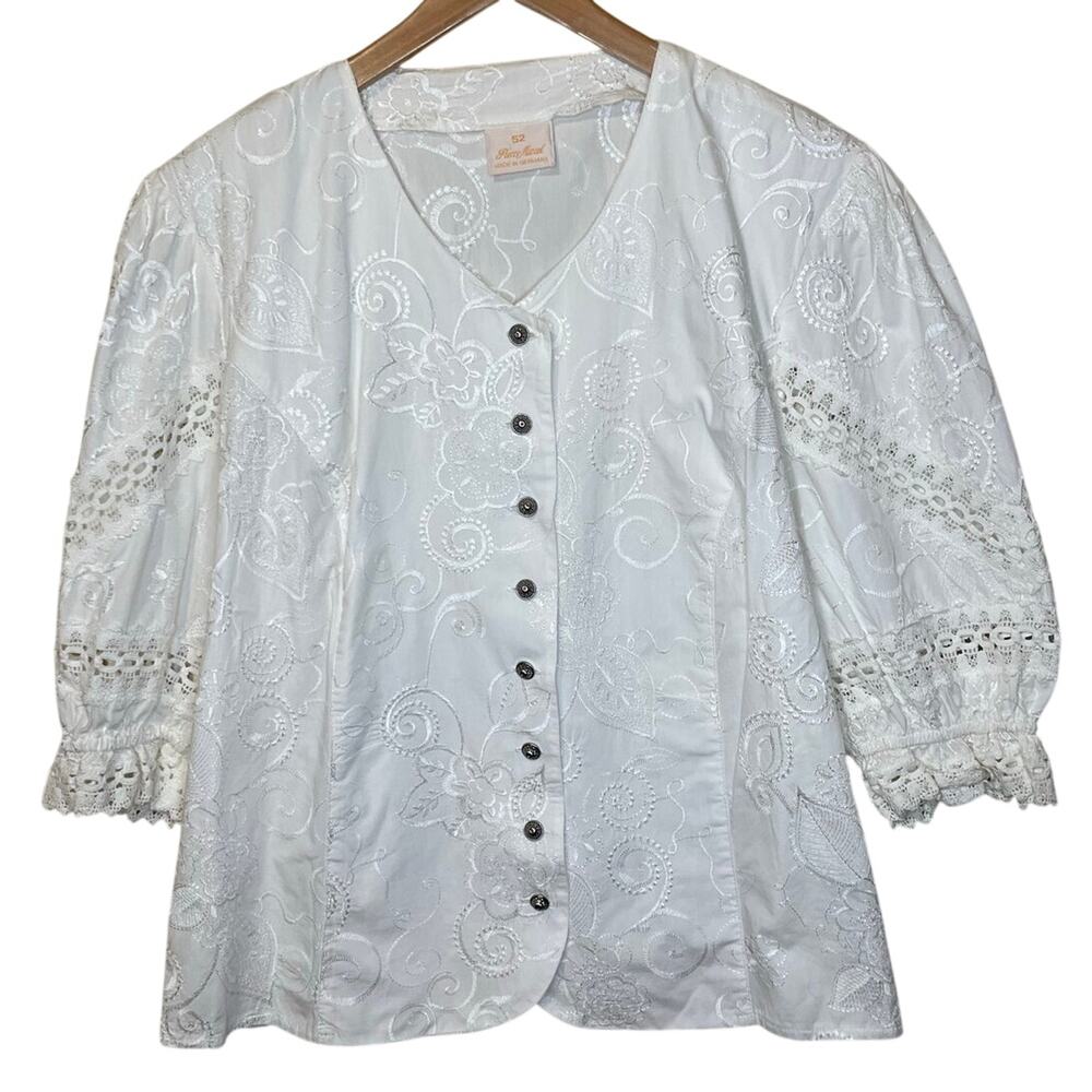 Pierre Marcel German Cottage Core Puff Sleeve Floral Embroidered White Blouse XL